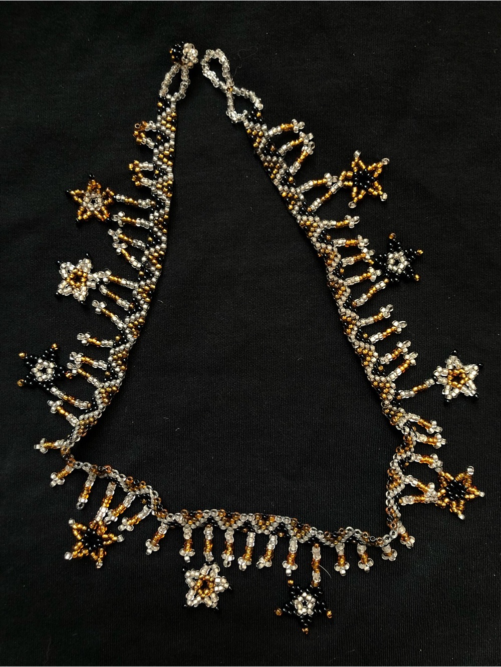Handmade Beaded Star Fringe Necklace - Black, Gold & Silver